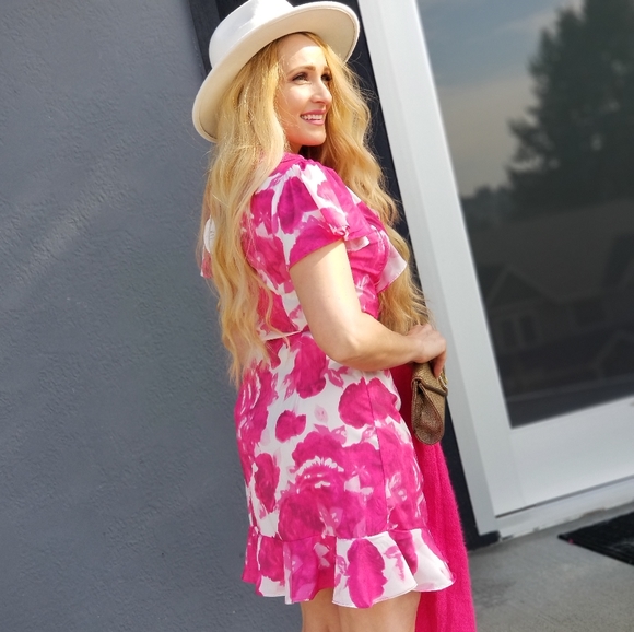 Video! Tickled Pink Floral Wrap Mini Dress - Picture 3 of 5